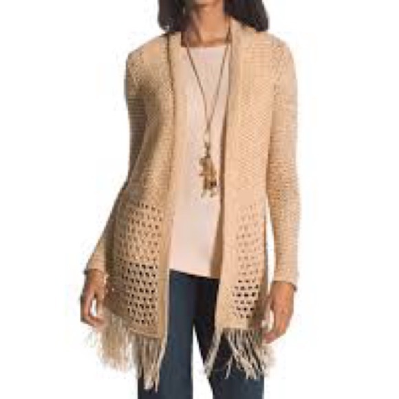 Chicos Sz L Peach Shimmer Boho Longline Fringe Cardigan Open Loose Knit Vacation - Picture 1 of 10